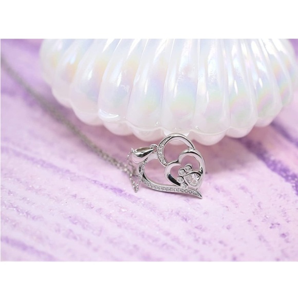 Paw Heart Necklace for Women - Sterling Silver Cubic Zirconia Dog Paw in Heart - Picture 4 of 6